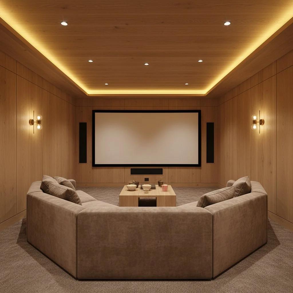 Garden cinema room with a large screen and curved sofa