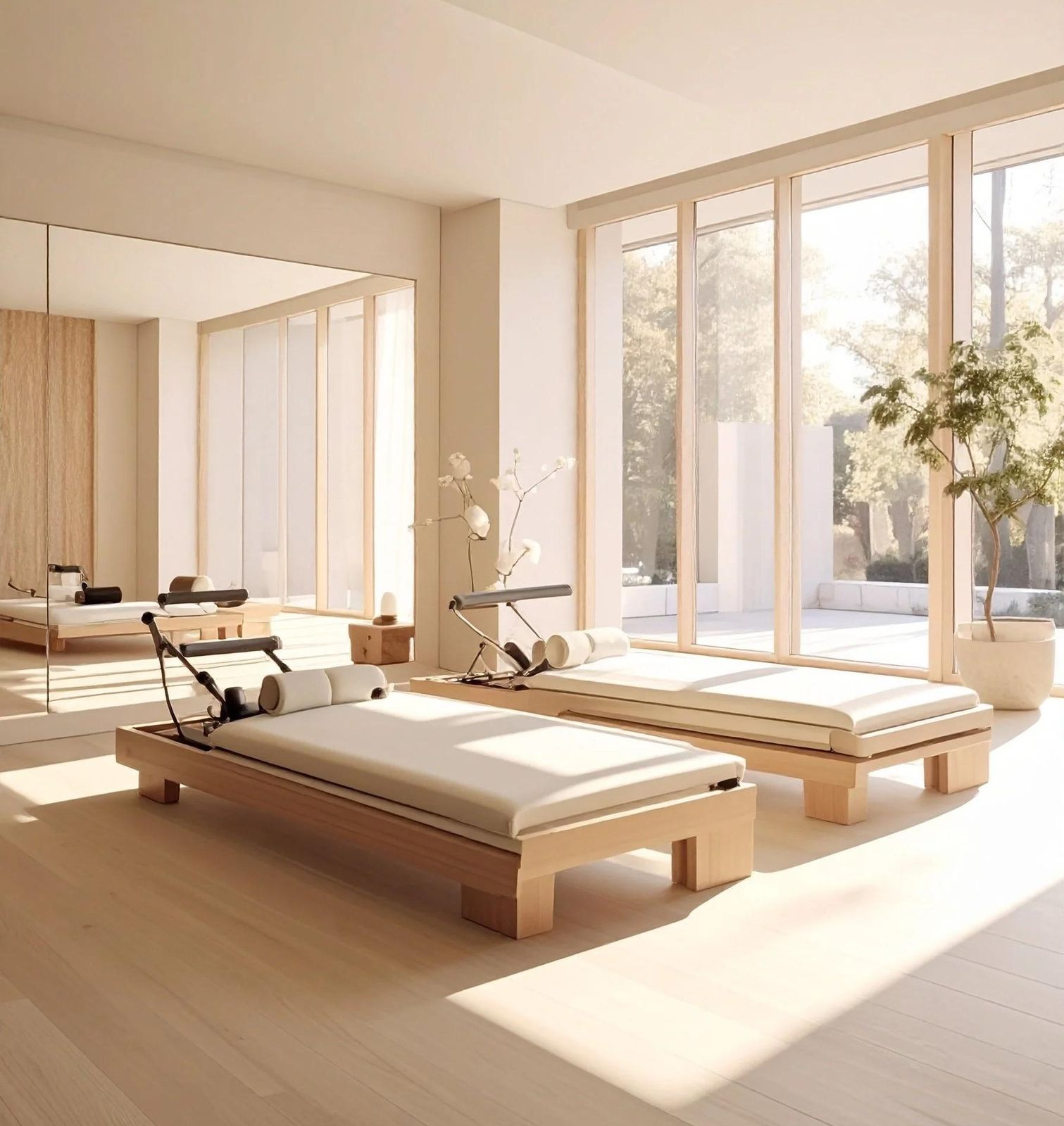 Light-filled wellness garden room for yoga and relaxation