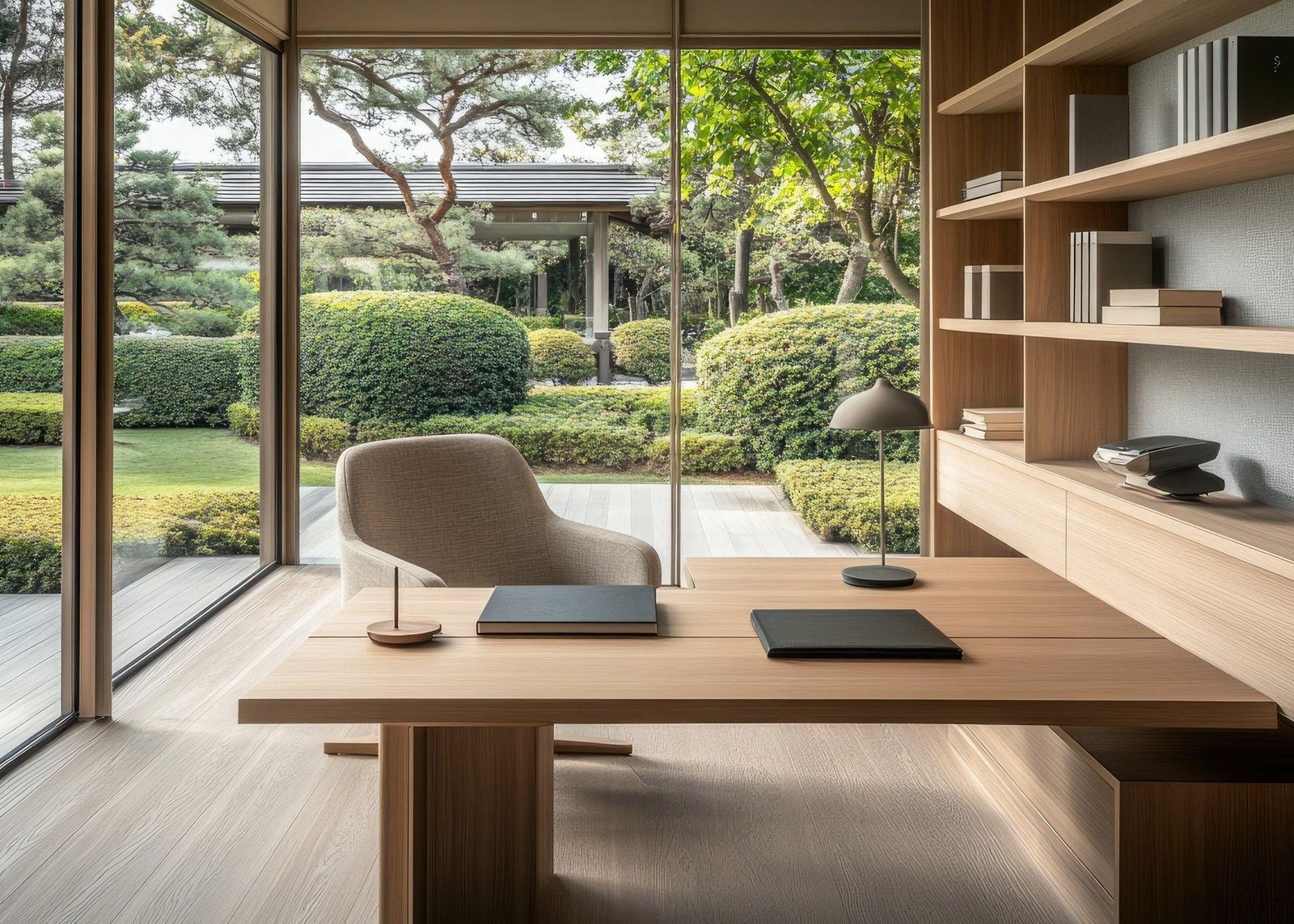 Garden office with a desk facing full-height glazing