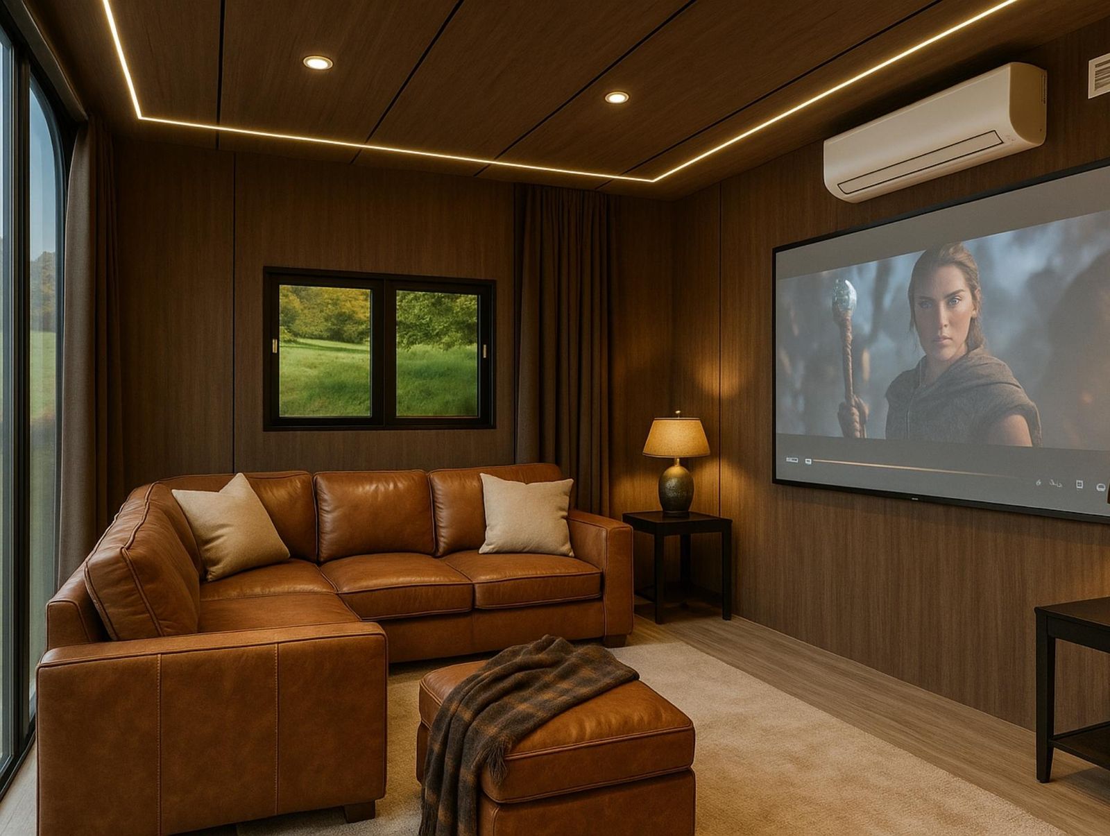 Garden cinema room with a leather corner sofa and projector screen