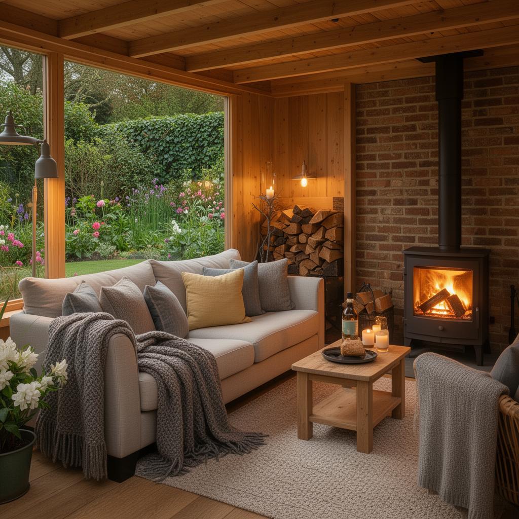 Garden lounge with a log burner, sofa and exposed timber beams
