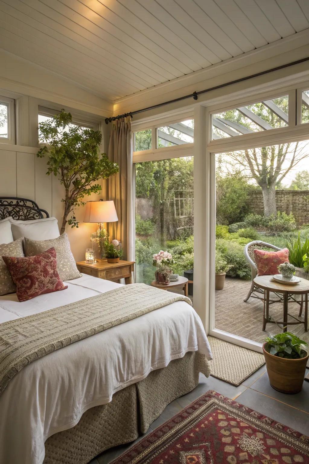 Guest garden room with a made bed and doors onto a planted garden