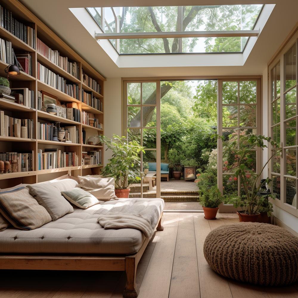 Garden reading room with floor-to-ceiling bookshelves and a daybed