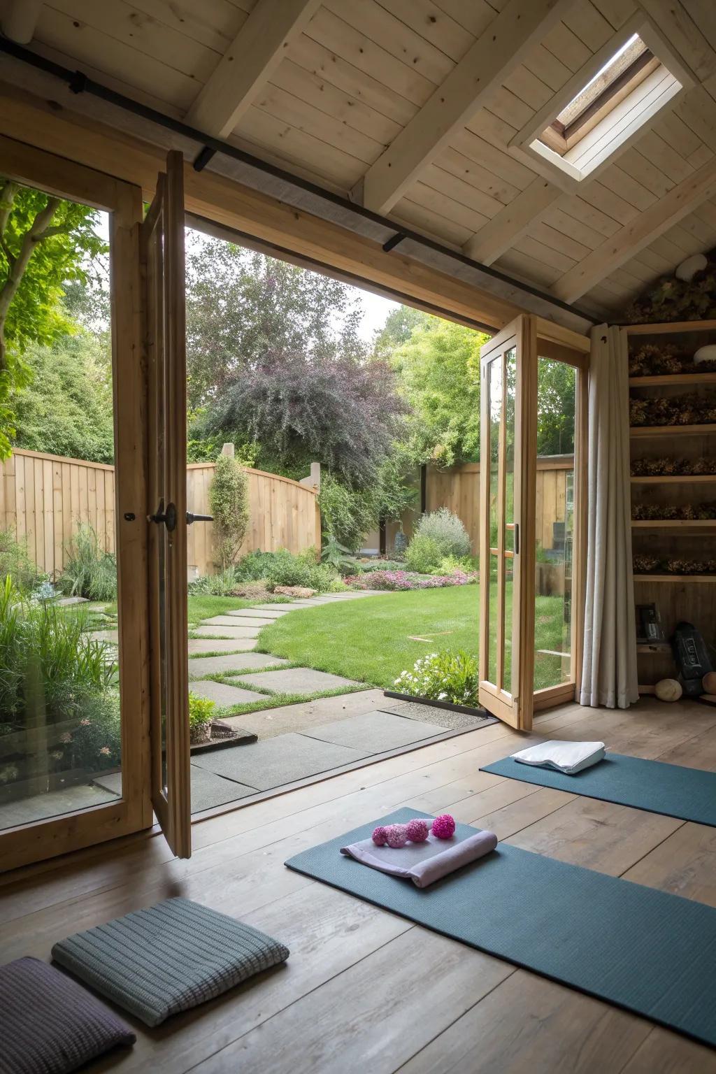 Yoga studio garden room with mats beside open glazed doors