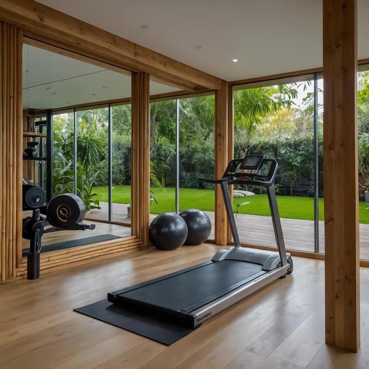 Garden gym with a treadmill and weights behind full-height glazing