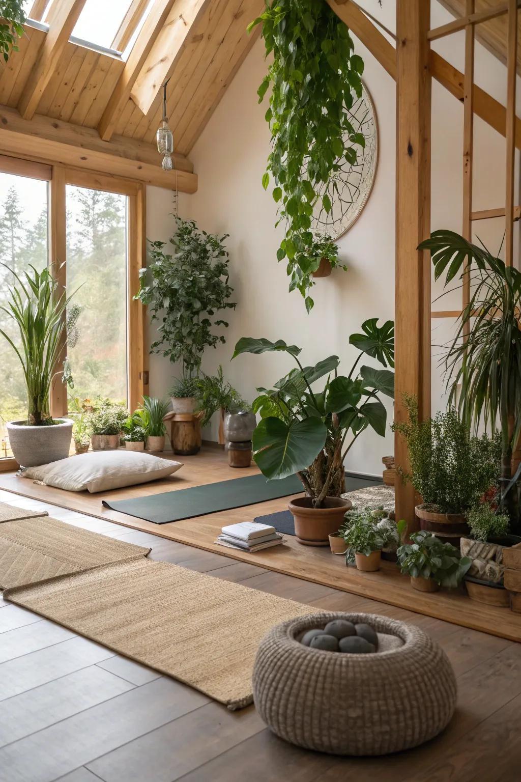 Meditation garden room with a floor cushion, plants and roof glazing