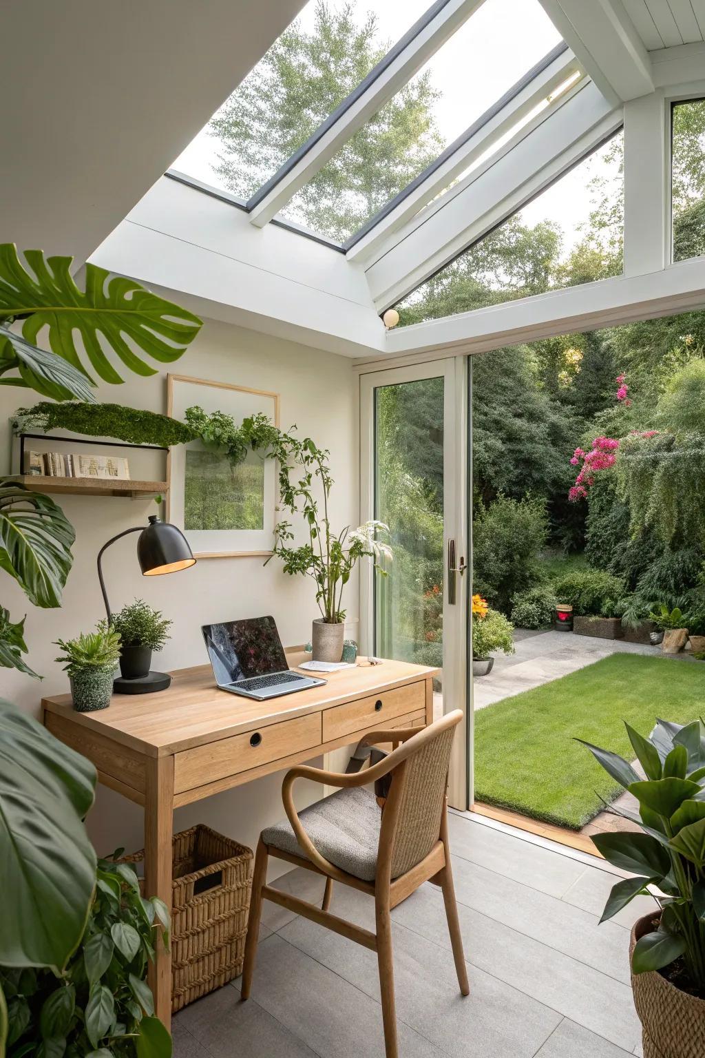 Home office garden room with a timber desk and glazed doors onto the garden