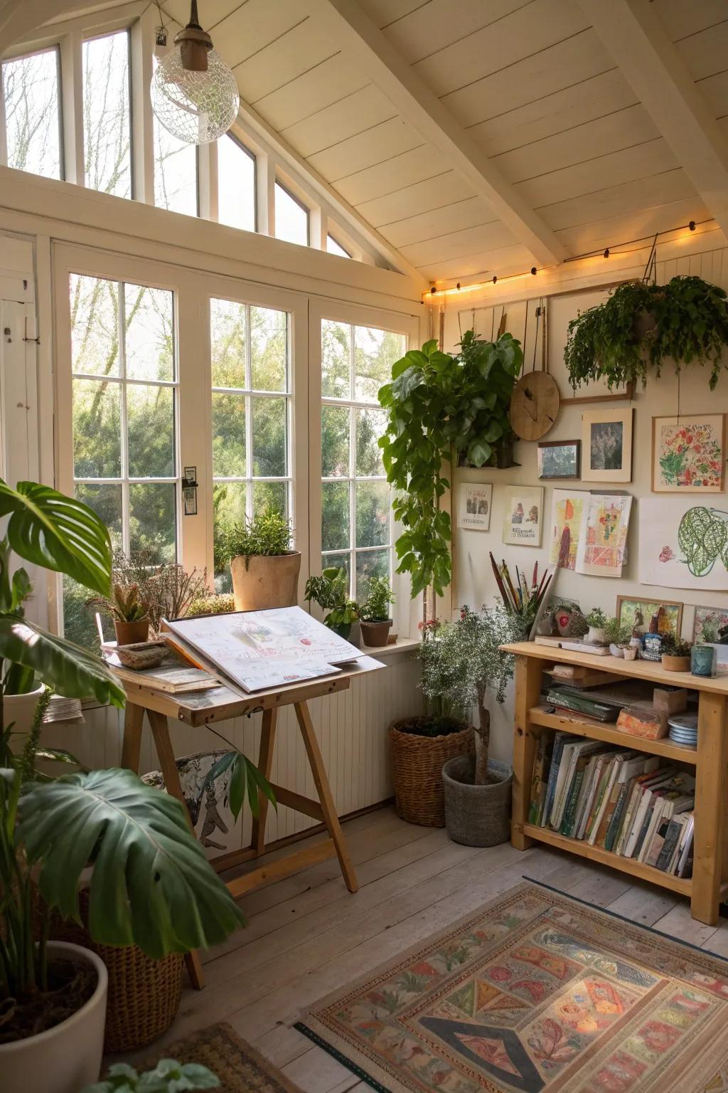 Creative studio garden room with shelving, plants and vaulted glazing
