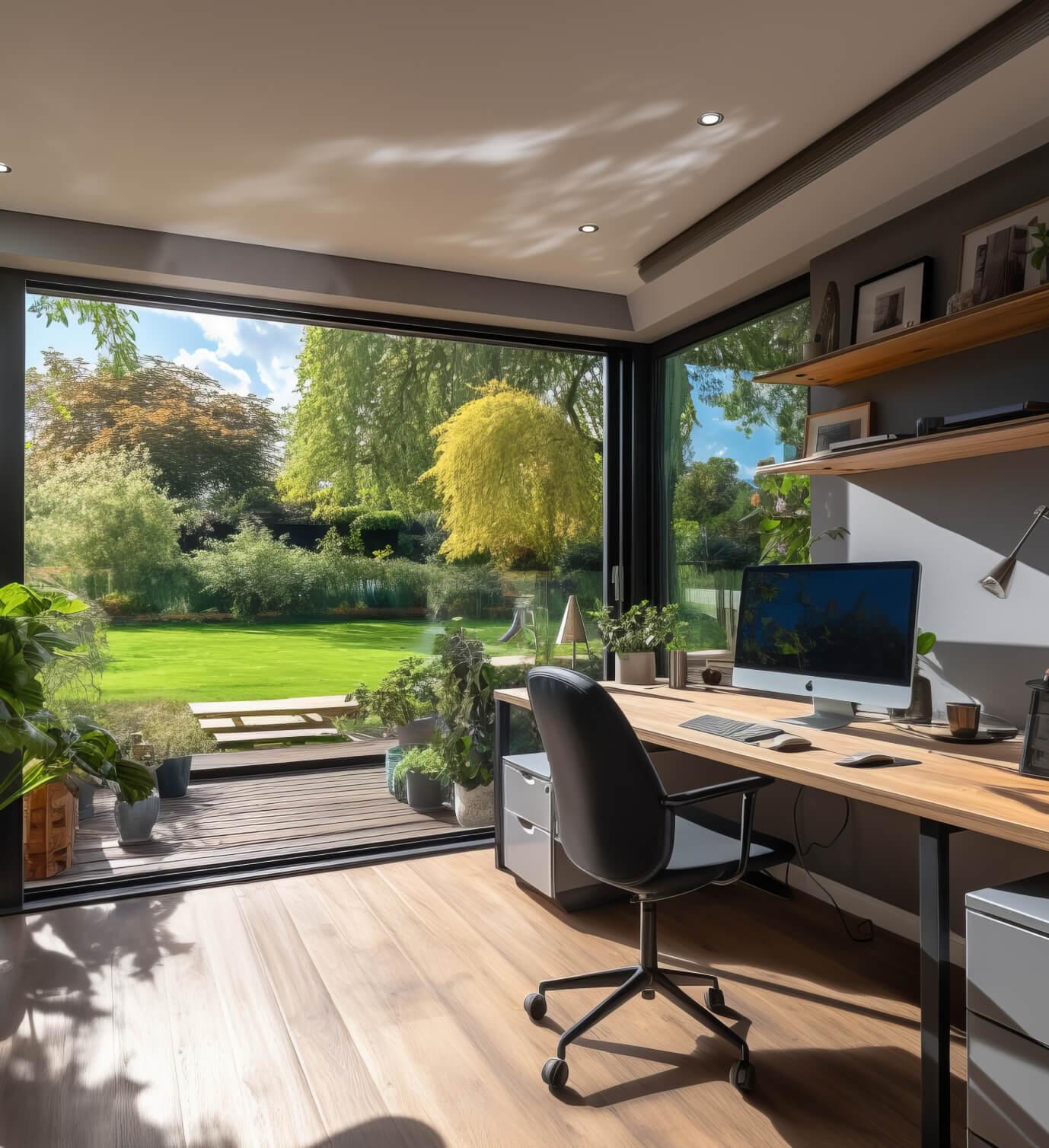 Executive garden office with a large window and garden view behind the desk