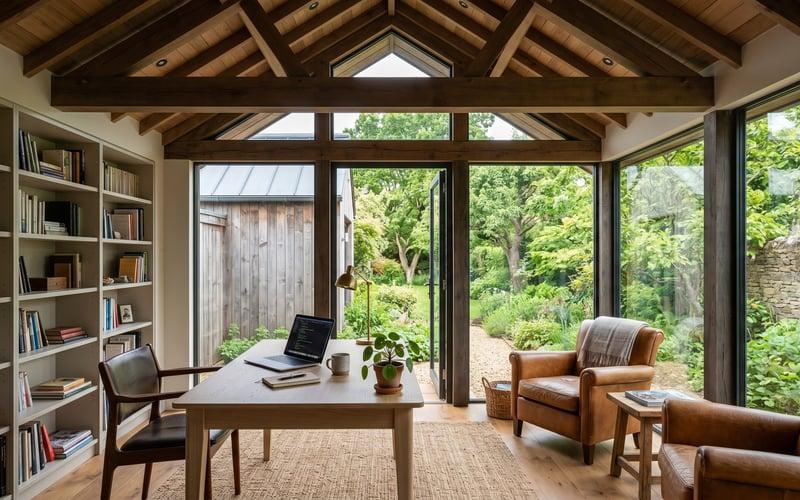Garden office with a desk, bookshelves and glazed doors onto the garden