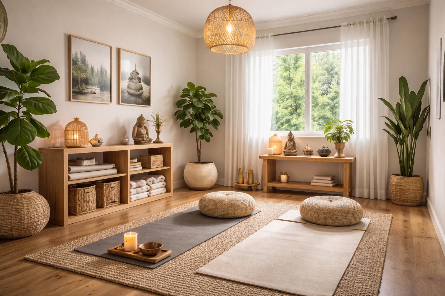 Calm home wellness room with yoga mats, floor cushions and plants
