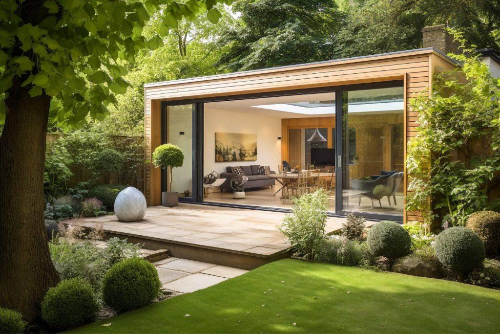 Contemporary timber garden room in a landscaped garden
